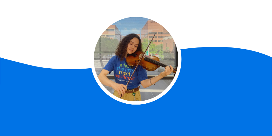 A circular photo of Haleigh Black playing the violin overlaying a blue and white background.