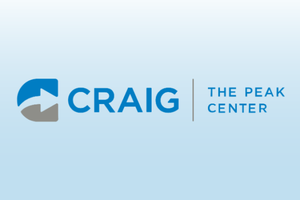 The PEAK Center at Craig Hospital logo overlaying a blue and white background