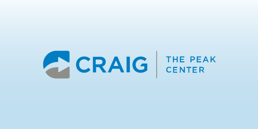 The PEAK Center at Craig Hospital logo overlaying a blue and white background